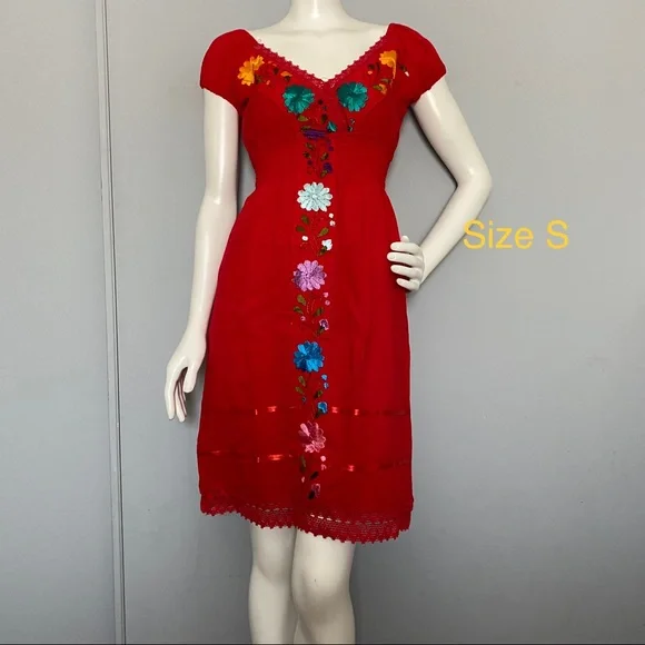 sachin and babi light blue dress Red Cotton Vintage Hand Embroidered Tunic Traditional Mexican Dress Peasant  L/XL